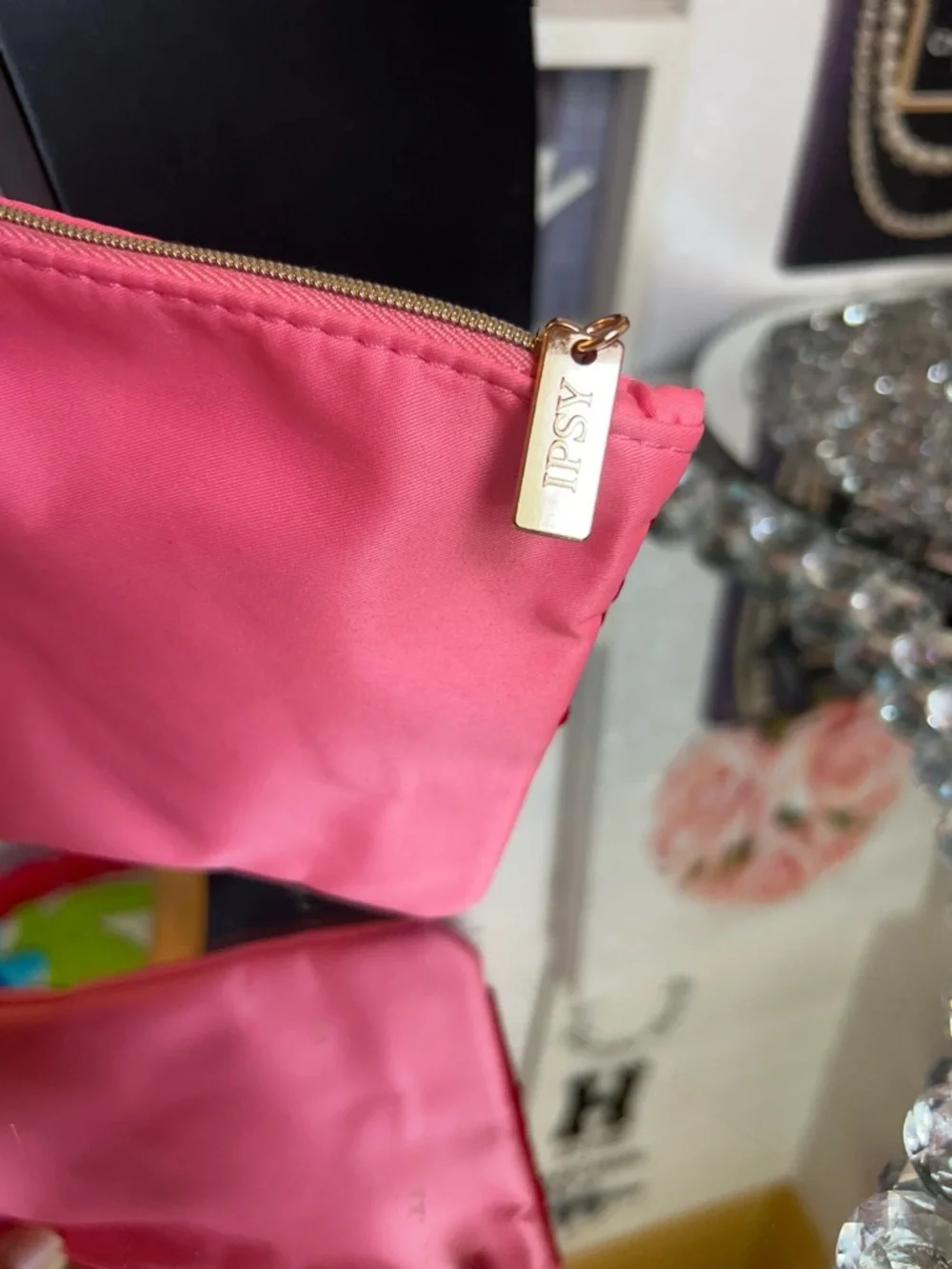 ipsy Pink Cosmetic Pouch with Red Satin Bow
